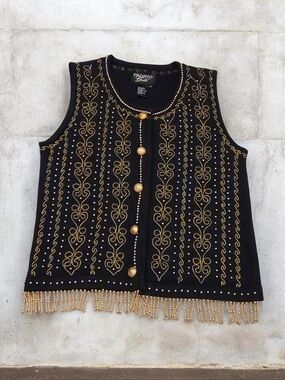 vintage Pronto Gold Knit black And gold embroidered Beaded Fringe Womens Size M